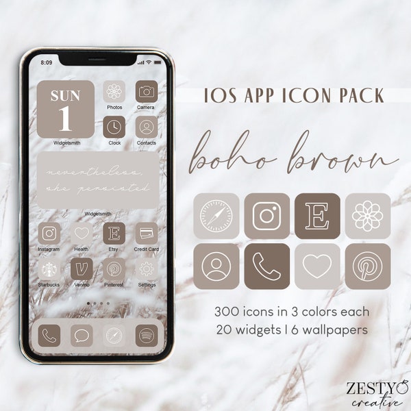 Boho Brown iOS App Icon Pack | 300 Unique Icons in 3 Colors Each + 20 Widget Quotes + 6 Wallpapers | Neutral Aesthetic iPhone Icon Bundle