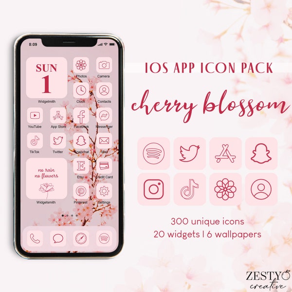 Cherry Blossom iOS App Icon Pack | 300 Unique Icons + 20 Widget Photos + 6 Wallpapers | iOS14 15 Pink Aesthetic Covers Bundle Set Icon Pack