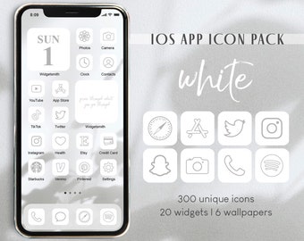 Weiß iOS App Icon Pack | 300 einzigartige Icons + 20 Widget-Zitate + 6 Wallpapers | Clean Simple Minimal iPhone Covers Bundle Set Icon Bundle