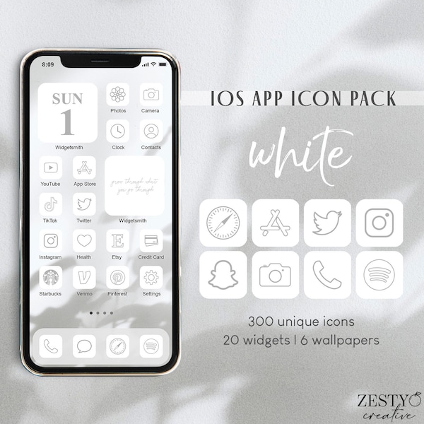 White iOS App Icon Pack | 300 Unique Icons + 20 Widget Quotes + 6 Wallpapers | Clean Simple Minimal iPhone Covers Bundle Set Icon Bundle