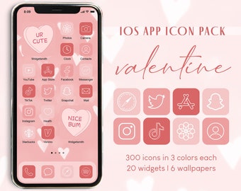 Valentine iOS 14 App Icons | 300 Unique Icons in 3 Colors Each + 20 Widget Photos + 6 Wallpapers | Pink Red iPhone Covers Aesthetic Bundle