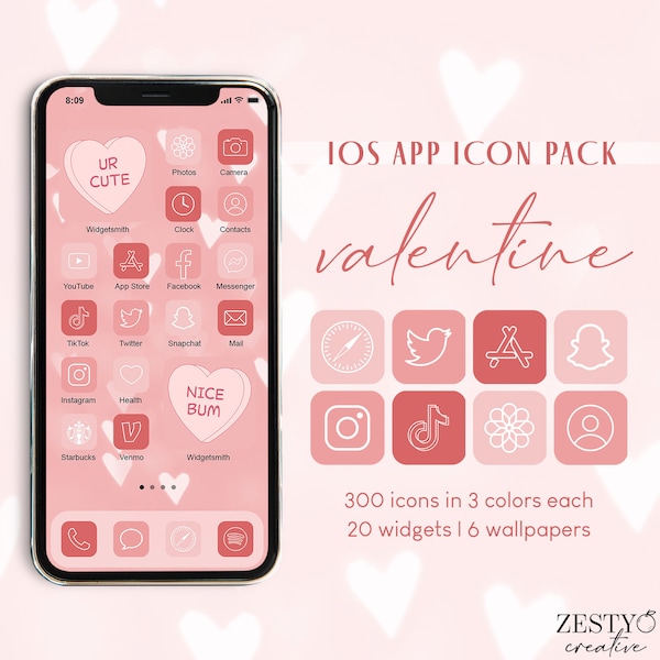 Valentine iOS 14 App Icons | 300 Unique Icons in 3 Colors Each + 20 Widget Photos + 6 Wallpapers | Pink Red iPhone Covers Aesthetic Bundle