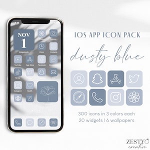 Dusty Blue iOS App Icon Pack | 300 Unique Icons in 3 Colors Each + 20 Widget Photos + 6 Wallpapers | Pastel Neutral Moody Aesthetic Icon Set