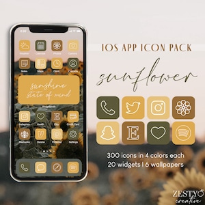 ひまわり iOS アプリ アイコン パック | 4 色それぞれ 300 個のユニークなアイコン + 20 個のウィジェット クオート + 6 個の壁紙 | 植物 iPhone カバー 美的バンドル