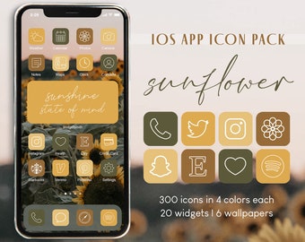 Pack d'icônes d'application iOS tournesol | 300 icônes uniques en 4 couleurs chacune + 20 citations de widget + 6 fonds d'écran | Botanical iPhone Covers Aesthetic Bundle