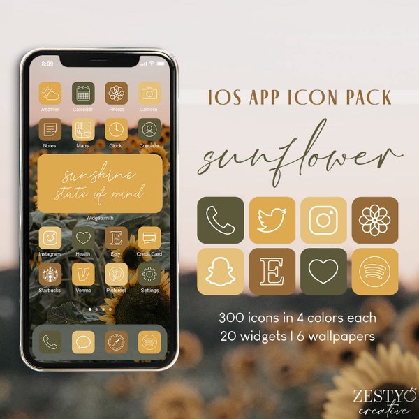 Sunflower iOS App Icon Pack | 300 Unique Icons in 4 Colors Each + 20 Widget Quotes + 6 Wallpapers | Botanical iPhone Covers Aesthetic Bundle