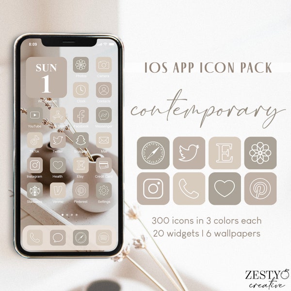 Contemporary iOS App Icon Pack | 300 Unique Icons in 3 Colors Each + 20 Widget Quotes + 6 Wallpapers | Soft Neutral iPhone Covers Aesthetic