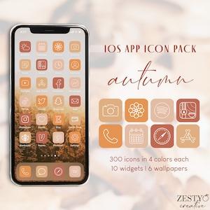 Autumn iOS App Icon Pack | 300 Unique Icons in 4 Colors Each + 10 Widget Photos + 6 Wallpapers | Fall Aesthetic Boho Orange Covers Bundle