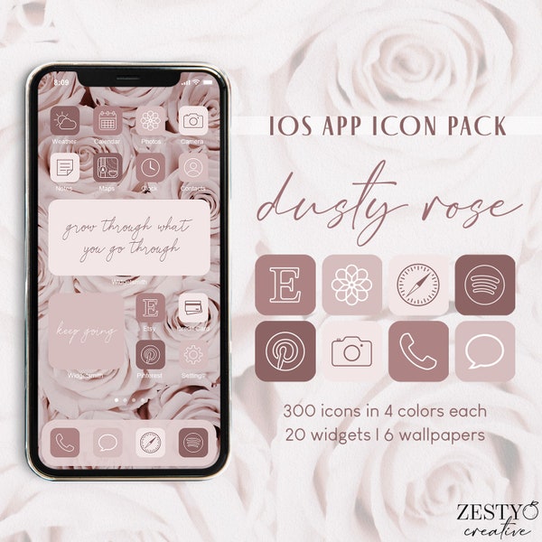 Dusty Rose iOS App Icon Pack | 300 Unique Icons in 4 Colors Each + 20 Widget Quotes + 6 Wallpapers | Pink Aesthetic Covers Bundle Icon Set