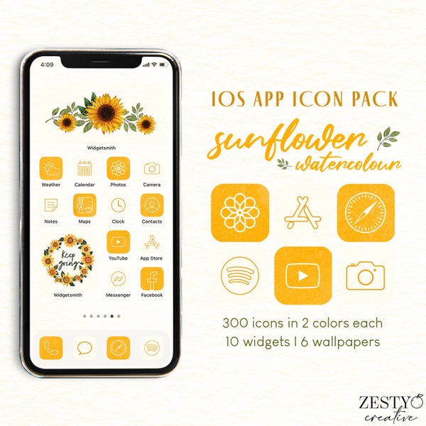 Sunflower Watercolour iOS App Icon Pack | 300 Unique Icons in 2 Colors Each + 10 Widgets + 6 Wallpapers | Botanical Aesthetic iPhone Covers