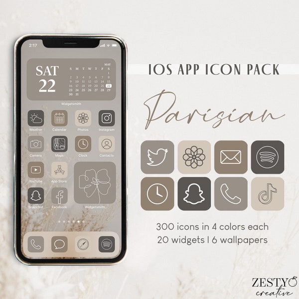 Parisian iOS App Icon Pack | 300 Icons in 4 Colors Each + 20 Widget Photos + 6 Wallpapers | Neutral Brown Covers Aesthetic iPhone Icon Set