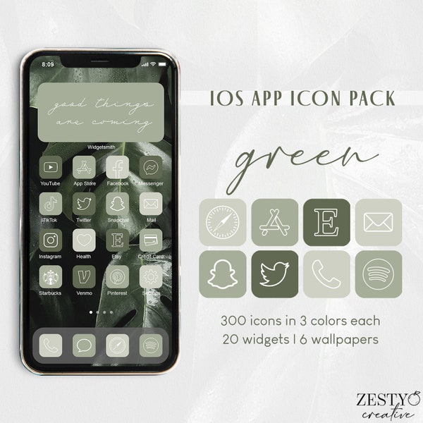 Green iOS App Icon Pack | 300 Unique Icons in 3 Colors Each + 20 Widget Photos + 6 Wallpapers | Pastel Nature Sage Aesthetic iPhone Icon Set