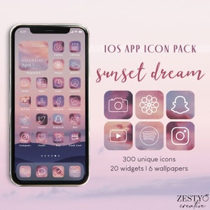 Sunset Dream iOS App Icon Pack | 300 Unique Icons + 20 Widget Quotes + 6 Wallpapers | Purple Pink Clouds Aesthetic iPhone Covers Bundle Set