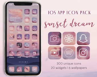 Sunset Dream iOS App Icon Pack | 300 Unique Icons + 20 Widget Quotes + 6 Wallpapers | Purple Pink Clouds Aesthetic iPhone Covers Bundle Set