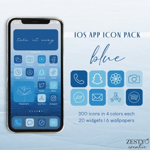 ブルー iOS アプリ アイコン パック | 4 色それぞれ 300 個のユニークなアイコン + ウィジェット写真 20 枚 + 壁紙 6 枚 | 美しいカバー バンドル iPhone アイコン パック セット