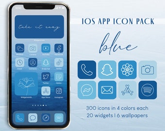 Blue iOS App Icon Pack | 300 Unique Icons in 4 Colors Each + 20 Widget Photos + 6 Wallpapers | Aesthetic Covers Bundle iPhone Icon Pack Set
