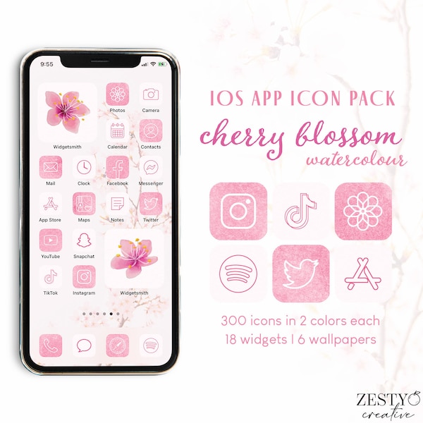 Cherry Blossom Watercolor iOS App Icon Pack | 300 Unique Icons in 2 Colors Each + 18 Widgets + 6 Wallpapers | Pink iPhone Covers Aesthetic