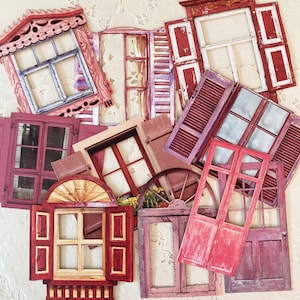 May include: An assortment of red, white and brown wooden window shutters with various designs and sizes. Some shutters are open, while others are closed. The shutters are arranged in a random pattern on a white background.