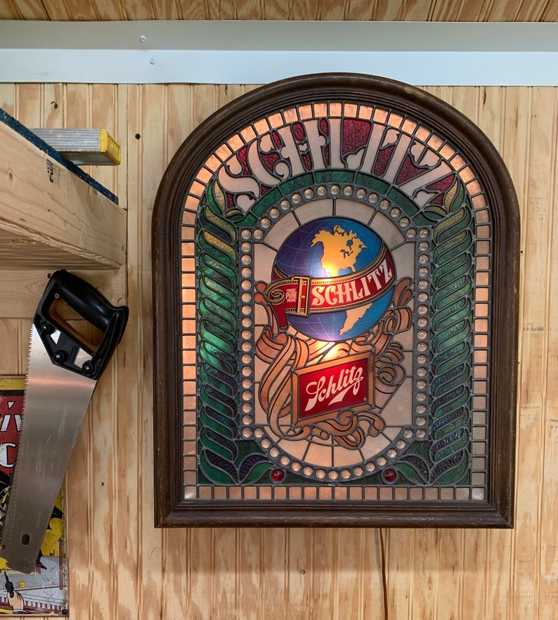 Vintage Large Light Up Schiltz Beer Stained Glass Look Sign With Globe, Breweriana, Light Up Beer Sign For Pub, Bar, Game Room, Or Man Cave 