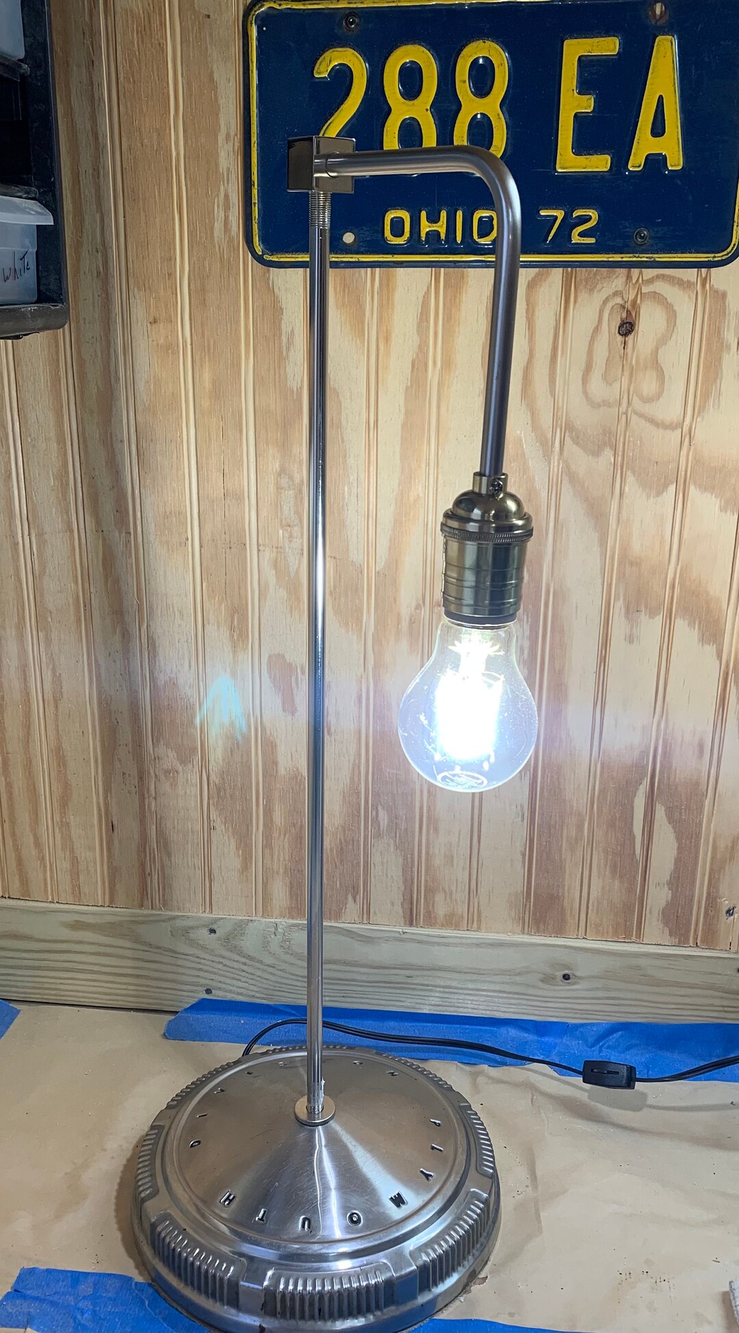 MCM Vintage Plymouth Hubcap Table Lamp, Industrial Chrome Hub Cap Lamp