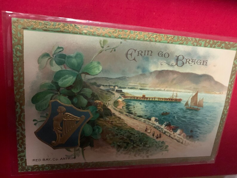Co Patrick/'s Day Red Bay Patrick/'s Day Post Card Erin Go Bragh Post Card 1920/'s Antique St Golden Harp St Antrim Never Used