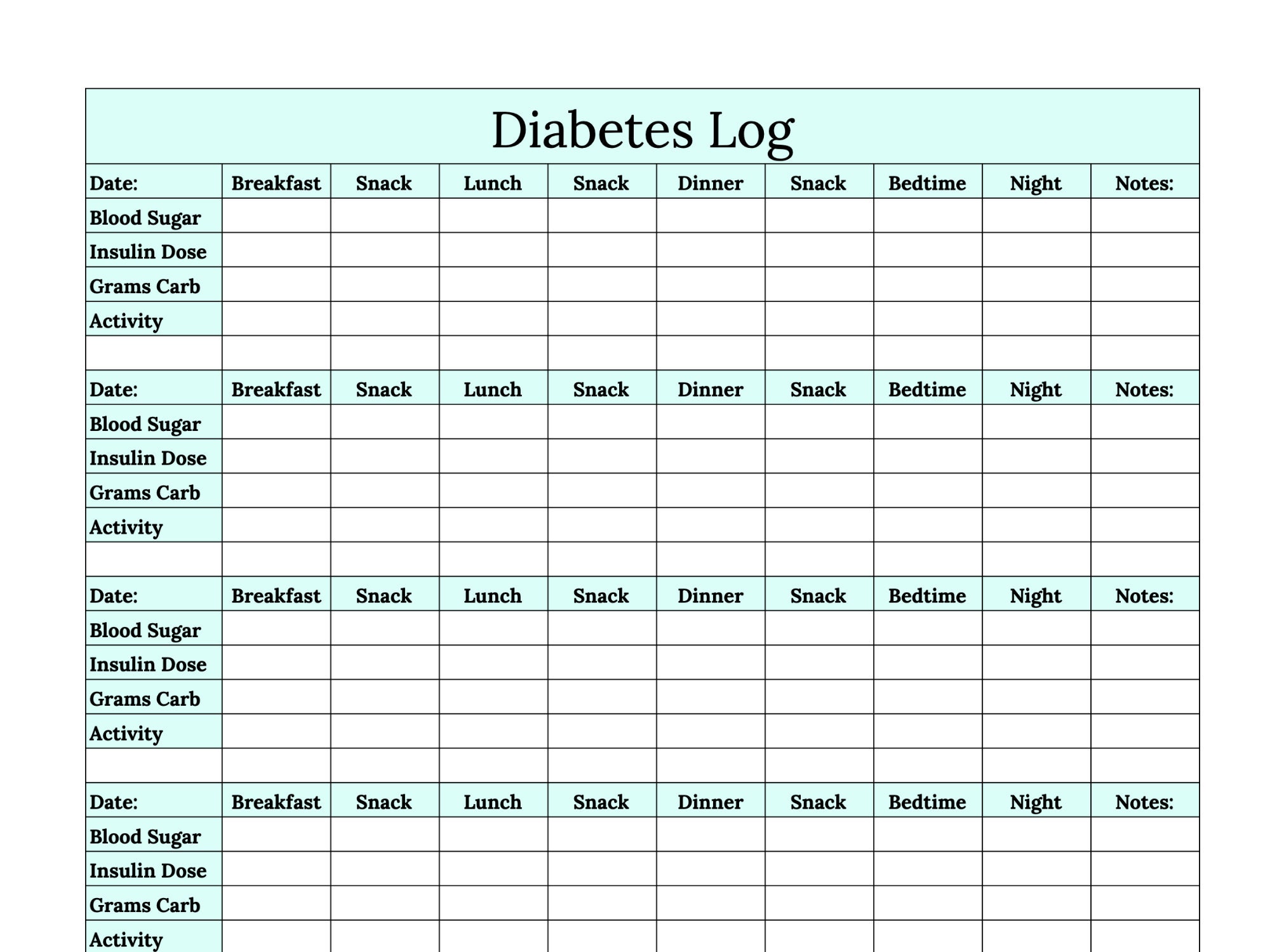 Free Printable Blood Glucose And Food Log Printable