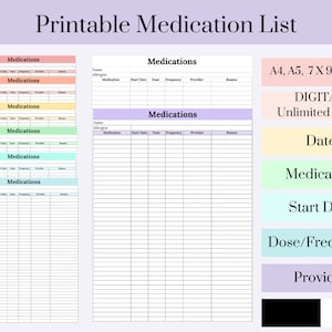 Printable Medication List Planner Page Log Book Meds Healthcare dose ...