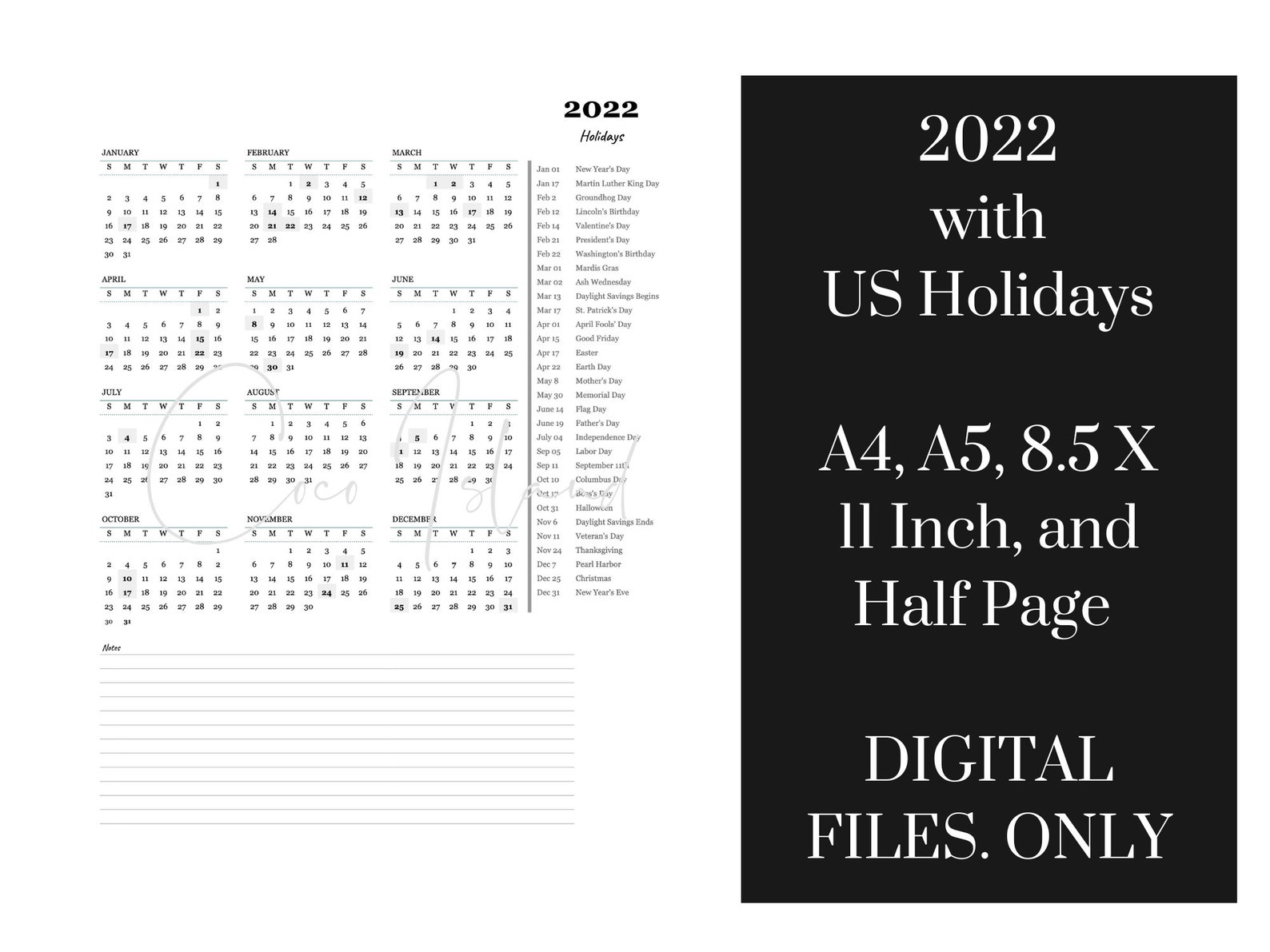 Printable 2022 United States Holidays Yearly One Page Calendar Etsy