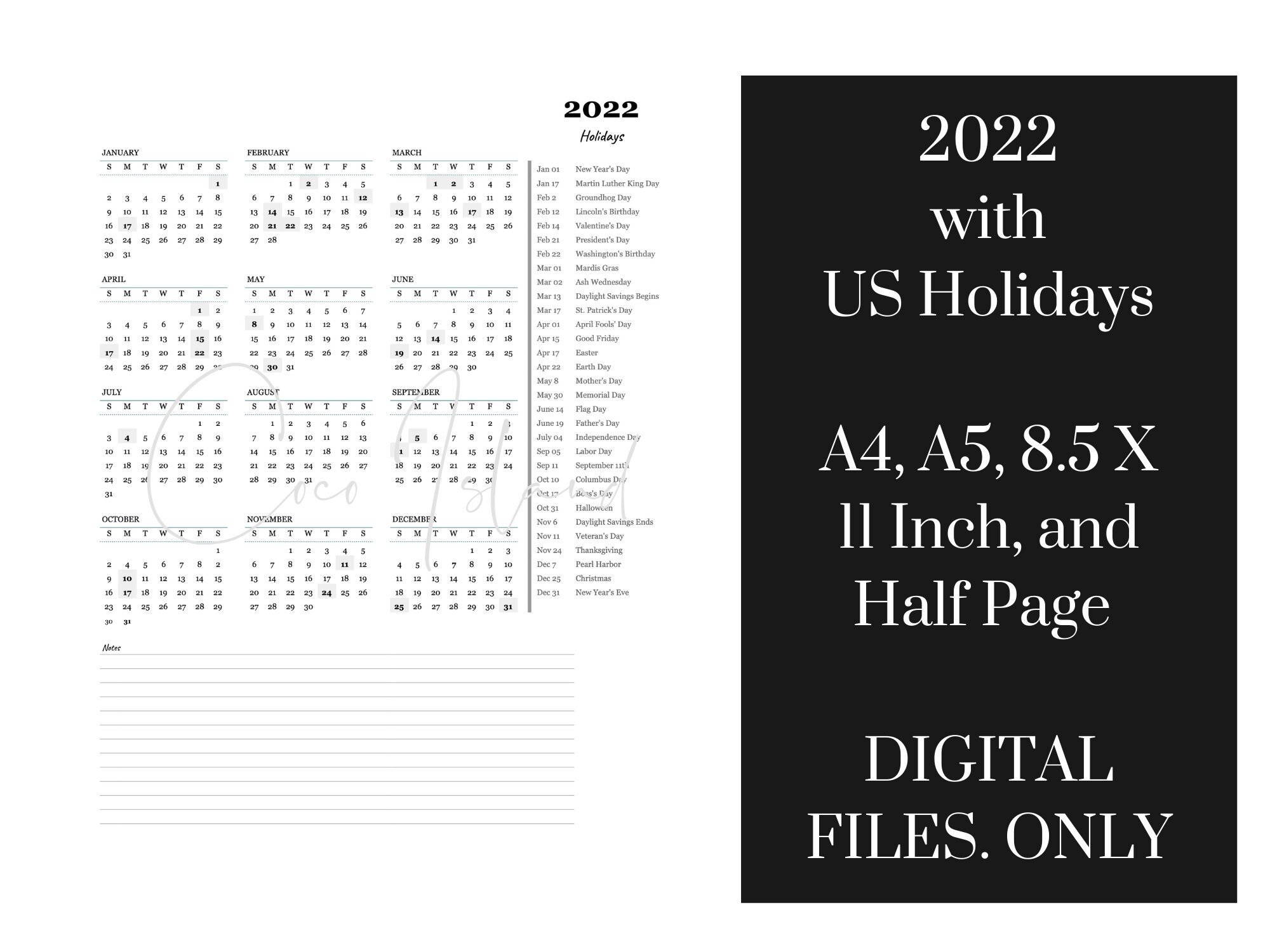 Printable 2022 United States Holidays Yearly One Page Calendar Etsy Uk
