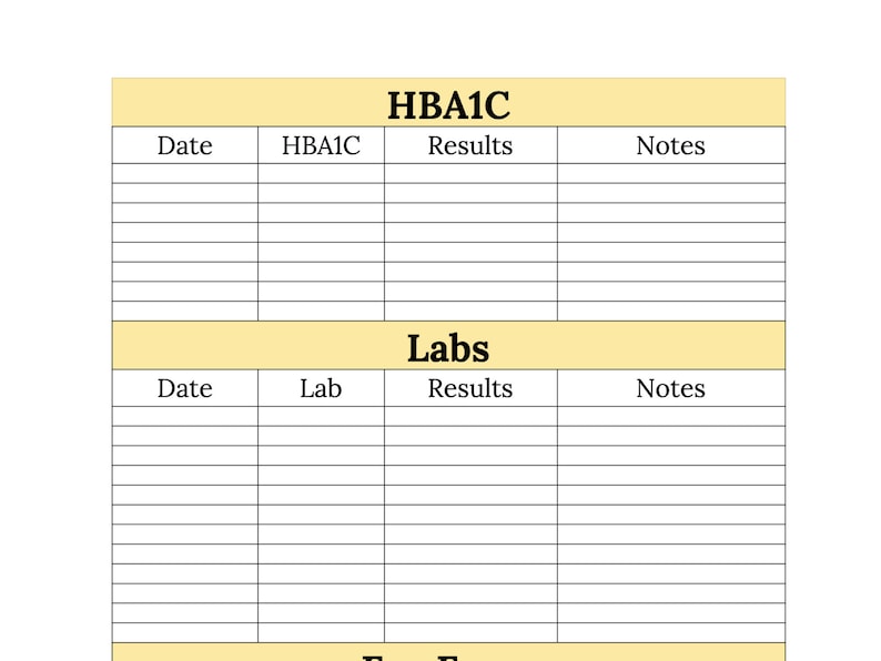 Printable Diabetes Labs and Exams Planner Log Book HBA1C Labs Foot and Eye Diabetic A4 A5 8.5 X