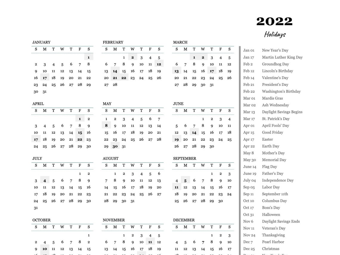 printable 2022 united states holidays yearly one page calendar etsy