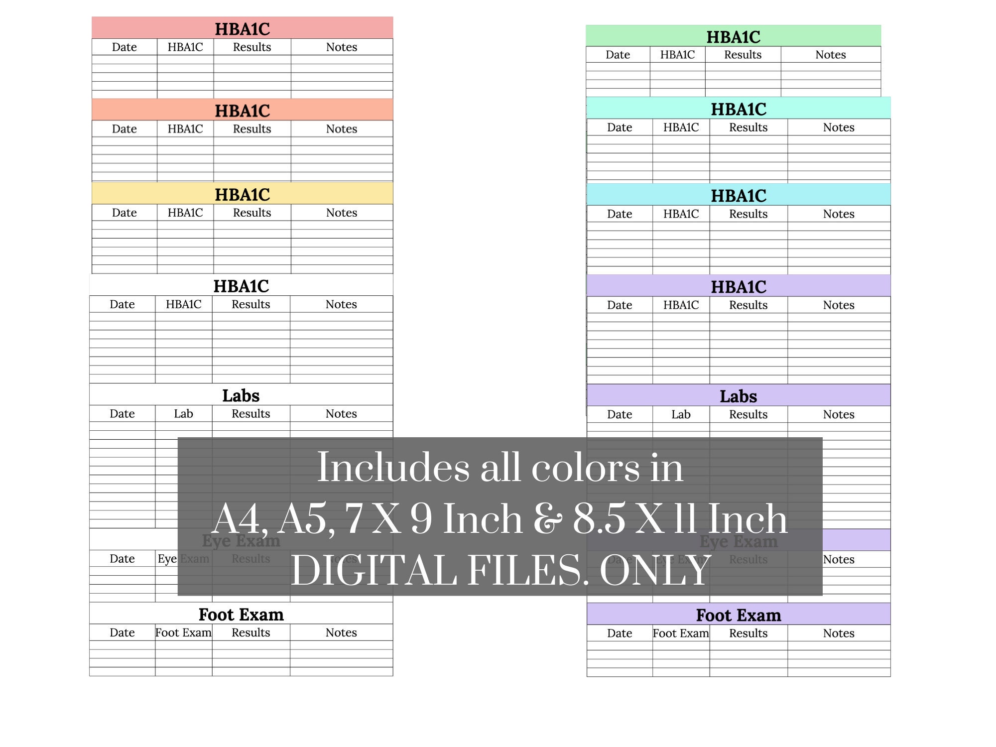 Printable Diabetes Labs and Exams Planner Log Book HBA1C Labs Foot and Eye Diabetic A4 A5 8.5 X