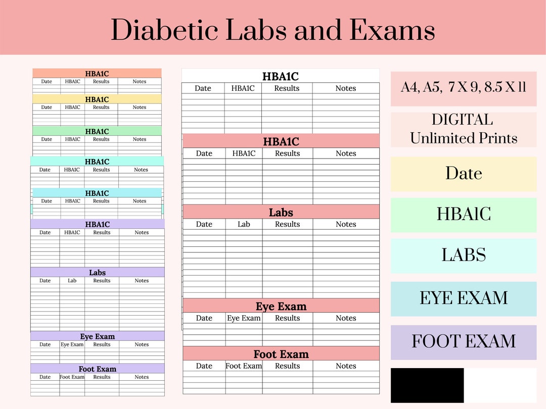 Printable Diabetes Labs and Exams Planner Log Book HBA1C Labs Foot and Eye Diabetic A4 A5 8.5 X