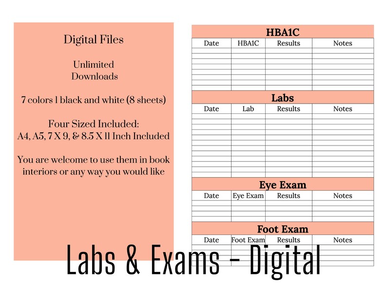 Printable Diabetes Labs and Exams Planner Log Book HBA1C Labs Foot and Eye Diabetic A4 A5 8.5 X