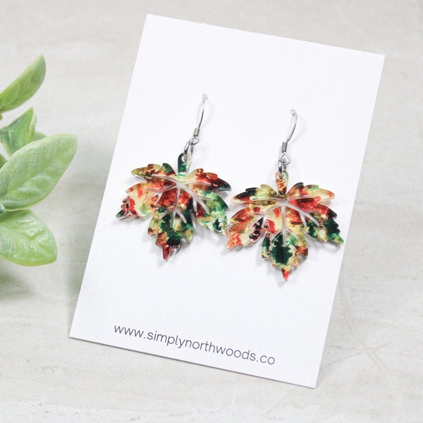 Fall leaf earrings, maple leaf earrings acrylic, fall dangle earrings for women, fall gift for friend, statement earrings, fall lover gift