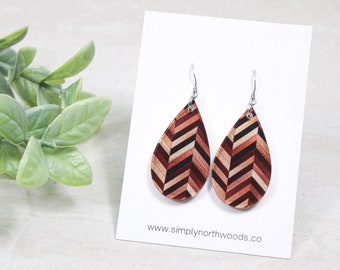 Wood inlay earrings, modern earrings dangle, chevron earrings, mothers day gift for mom, teacher gift for women, stocking stuffer for mom