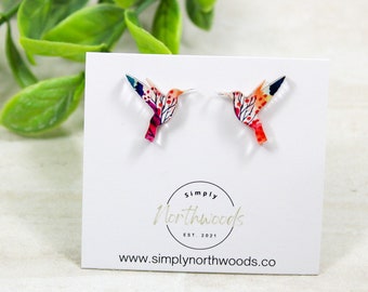 Hummingbird earrings stud small, watercolor earrings acrylic, birthday gift for grandma, bird studs, bird lover gift, hummingbird jewelry