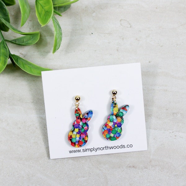 Easter bunny acrylic earrings, polka dot bunny stud dangle earrings, mirrored acrylic earrings, Easter basket stuffers for little girls