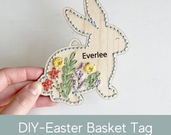 Étiquette de panier de Pâques DIY, étiquette de panier de Pâques personnalisée en bois, kit de broderie de lapin pour débutants, kit de bricolage, cadeau brodé en bois