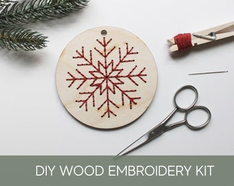 Wood embroidery kit for beginners, snowflake embroidery kit, Christmas present topper, hand embroidered, diy snowflake ornament, rustic wood