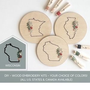 Wood embroidery kit for beginners, state embroidery kit, flower embroidery kit, state gifts, Wisconsin gifts for her, Wisconsin decor, craft