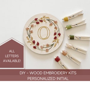 Embroidery kit for beginners, personalized embroidery gift, do it yourself kit, initial embroidery design, floral embroidery, wood craft kit image 1