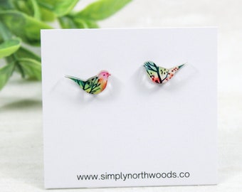 Bird earrings stud, small stud earrings, songbird earring, birthday gift for bird lover, nature lover gift, colorful earring acrylic