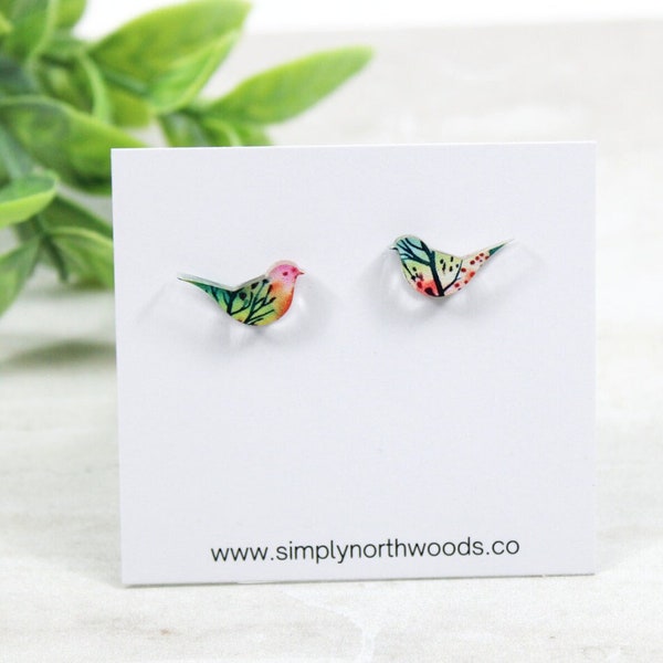 Bird earrings stud, small stud earrings, songbird earring, birthday gift for bird lover, nature lover gift, colorful earring acrylic