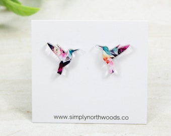 Hummingbird earrings stud, floral earrings, small studs, birthday gift for grandma, bird studs, bird lover gift, hummingbird jewelry, floral