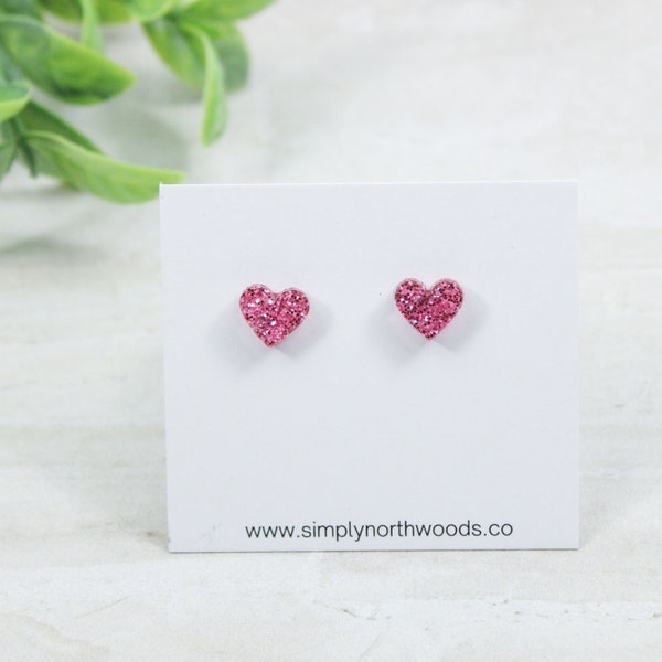 Pink glitter heart stud earrings, small stud acrylic earrings, valentines day gift, stocking stuffer for girls, easter basket stuffer for