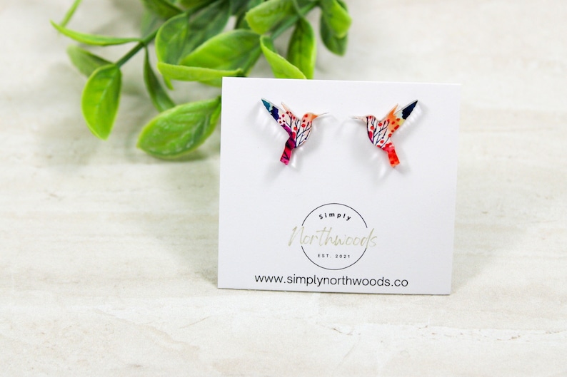 Hummingbird earrings stud small, watercolor earrings acrylic, birthday gift for grandma, bird studs, bird lover gift, hummingbird jewelry image 1