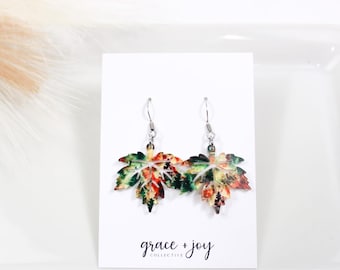 Fall leaf earrings, maple leaf earrings acrylic, fall dangle earrings for women, fall gift for friend, statement earrings, fall lover gift