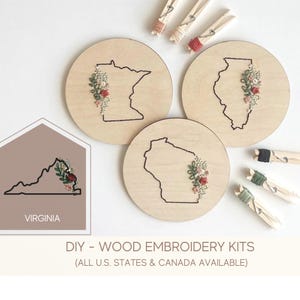 embroidery kit for beginners, Virginia gifts, Virginia decor, housewarming gift for first home, floral wood, girls weekend craft, state gift