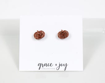 Orange glitter pumpkin stud earrings, pumpkin earrings for women, fall earrings, fall stud earrings small, sparkle earrings, sparkle pumpkin